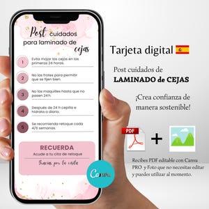 Puede incluir: Tarjeta digital en pantalla de smartphone con instrucciones post-cuidado para laminado de cejas. Diseño rosa y dorado, con logo Canva y un icono PDF. El texto está en español y se incluye la bandera española.