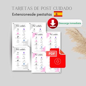 Puede incluir: Cinco tarjetas imprimibles con el texto "Post cuidados" en rosa y morado. Las tarjetas enumeran las instrucciones para el cuidado posterior de las extensiones de pestañas. Las tarjetas están etiquetadas como "PDF" y "Descarga inmediata".