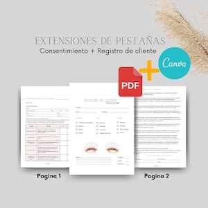 PACK Formulario para extensiones de pestañas y ficha técnica consentimiento  extensiones de pestañas, registro de cliente, consentimiento