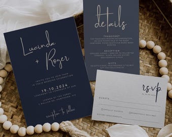 Minimalist Navy Wedding Invitation, Editable Canva Template, Printable Invite Suite, Custom RSVP, Elegant Blue Modern Stationery – Lucinda