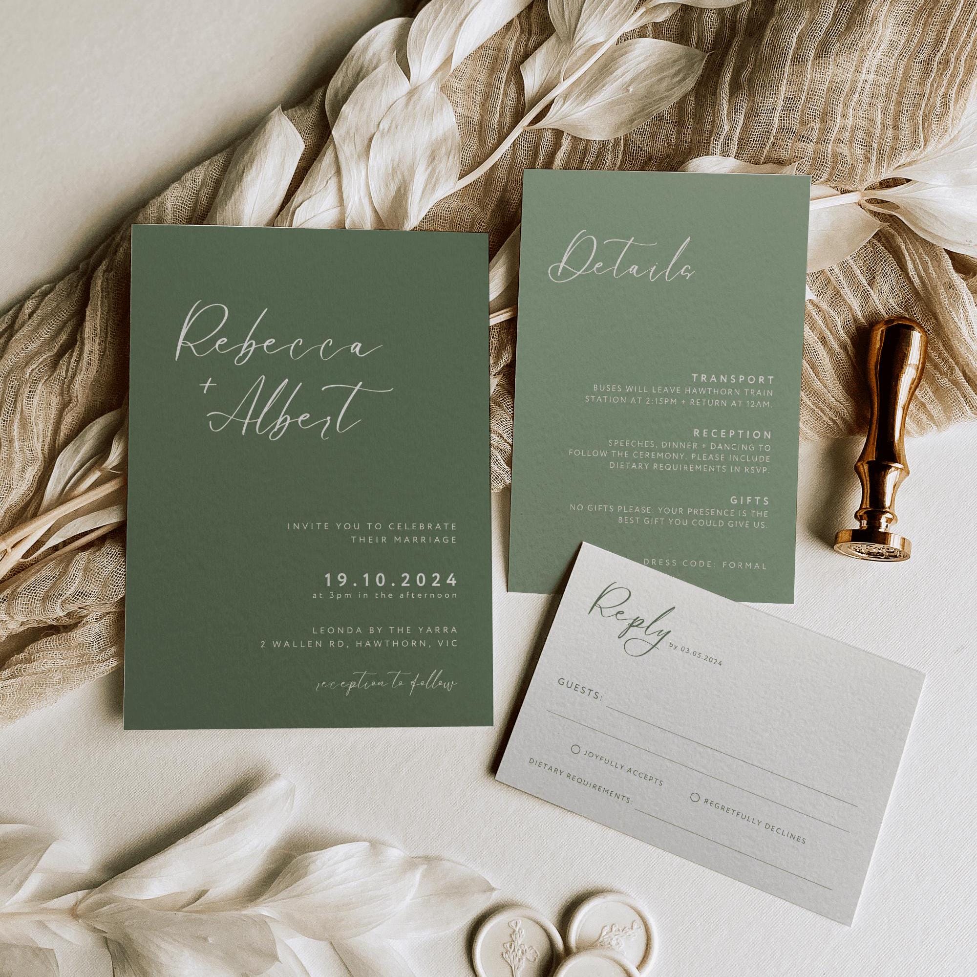 Sage Green Wedding Invitation Bundle, RSVP, Details Card, Minimalist, Modern Garden Invite Suite, Elegant Editable Canva Template – Rebecca