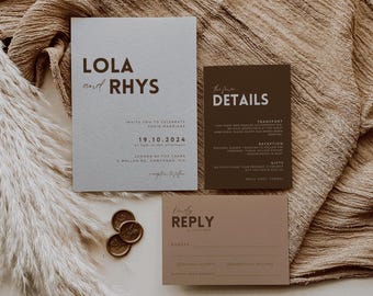 Minimalist Wedding Invitation Bundle with RSVP, Details Card, Modern Rustic Invite Suite, Elegant Editable Online Canva Template Set – Lola