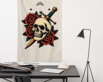 Traditional Skull Rose Dagger Vintage Printed Wall Tapestry, Punk Rock Wall Hanging Art, American Traditional Tattoo Old School Home Decor