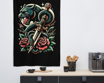Mystic Panther Traditional Tattoo Decor Dagger Roses Wall Tapestry, Retro Rock and Roll Emo Aesthetic Wall Hanging Art, Vintage Home Decor