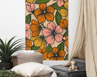 Flower Market Earth Tone Boho Printed Wall Tapestry, Granola Girl Aesthetic Wall Hanging Art, Shabby Chic Floral Home Decor