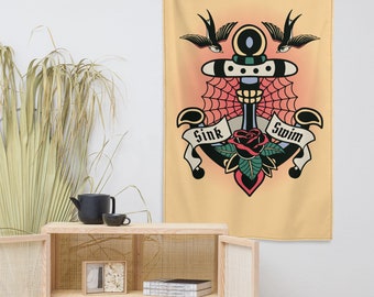 Old School Traditional Tattoo Decor, Swallow Bird Tapestry, Anchor Sink or Swim Hanging Wall Art, Punk Wall Art, Grunge Dorm Flag