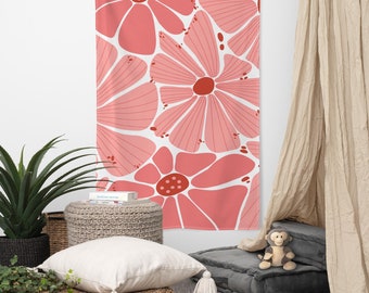 Flower Market Pink Daisy Boho Printed Wall Tapestry, Granola Girl Aesthetic Wall Hanging Art, Shabby Chic Floral Home Decor
