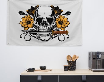 Skull Killer Flower Tattoo Decor Vintage Wall Tapestry, American Traditional Flash Skull Dagger Flower Retro Tattoo Old School Home Decor