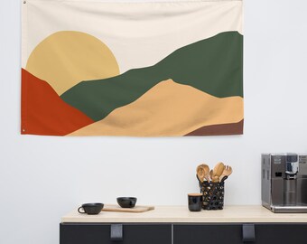 Minimalist Mountain Sunset Green and Gold Boho Printed Wall Tapestry, Granola Girl Aesthetic Wall Hanging Art, Shabby Chic Nature Home Decor