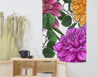 Flower Market Boho Printed Wall Tapestry, Dahlia Floral Granola Girl Aesthetic Wall Hanging Art, Shabby Chic Floral Home Decor