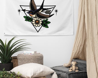 American Traditional Tattoo Flash Swallow Daisy Arrow Wall Tapestry, Retro Rock and Roll Emo Aesthetic Wall Hanging Art, Vintage Home Decor