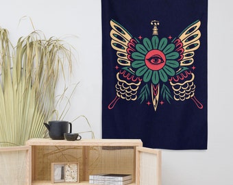 Magic Butterfly Dagger Dark Boho Printed Wall Tapestry, American Traditional Tattoo Retro Granola Girl Aesthetic Wall Hanging Art
