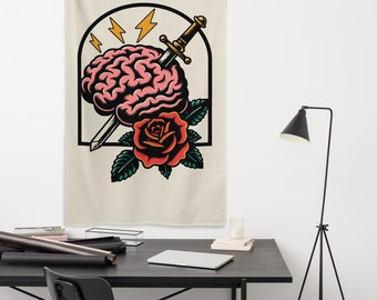 Traditional Tattoo Decor Brain Impaled By Sword Roses Wall Tapestry, Retro Rock and Roll Emo Aesthetic Wall Hanging Art, Vintage Home Decor