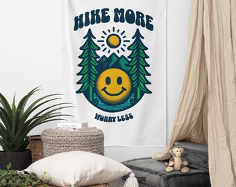 Hike More Worry Less Boho Printed Wall Tapestry, Life Is Good Granola Girl Aesthetic Outdoor Lover Hanging Wall Art