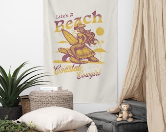 LIfe's A Beach Coastal Cowgirl Aesthetic Wall Hanging Art, Shabby Chic Retro Home Decor, Coastal Cowgirl Flag