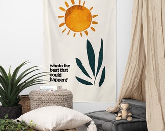 Minimalist Flower Positive Mental Health Vintage Wall Tapestry, Trendy Floral Hanging Art, Retro Granola Girl Home Decor