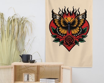 Flames of Love Butterfly American Traditional Tattoo Vintage Wall Tapestry, Retro Tattoo Flash Old School Witchy Home Decor