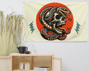 Snake and Skull Traditional Tattoo Decor Flash Wall Tapestry, Retro Rock and Roll Emo Aesthetic Wall Hanging Art, Vintage Home Decor