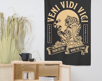 Veni, Vidi, Vici Tiger Vintage Wall Tapestry, Punk Rock Hanging Art, Retro American Traditional Flash Tattoo Old School Home Decor