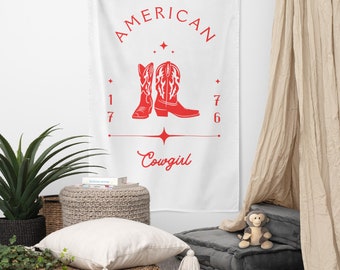 American Cowgirl 1776 Printed Wall Tapestry, Americana Granola Girl Aesthetic Wall Hanging Art, Shabby Chic Cowgirl Home Decor