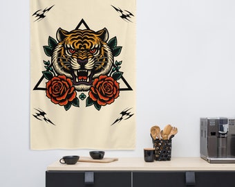 American Traditional Tattoo Flash Tiger Rose Wall Tapestry, Retro Rock and Roll Emo Aesthetic Wall Hanging Art, Vintage Home Decor