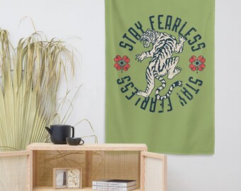 Stay Fearless Tiger Vintage Wall Tapestry, Punk Rock Hanging Art, Retro American Traditional Flash Tattoo Old School Home Decor, Dorm Flag