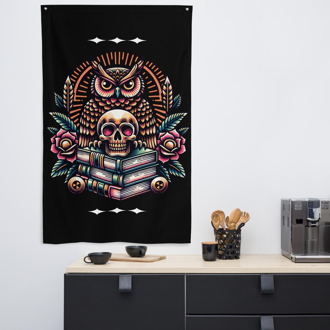 American Traditional Tattoo Owl With Skull Rose Books Vintage Wall ...
