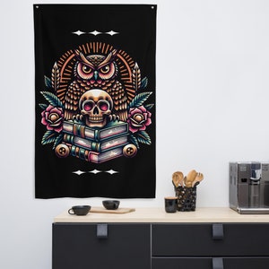American Traditional Tattoo Owl with Skull Rose Books Vintage Wall Tapestry, Punk Rock Hanging Art, Retro Old School Tattoo Home Decor