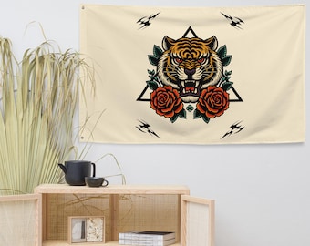 American Traditional Tattoo Flash Tiger Rose Wall Tapestry Horizontal, Retro Rock and Roll, Vintage Home Decor