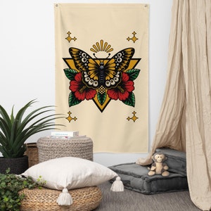 Butterfly American Traditional Tattoo Vintage Wall Tapestry, Retro Tattoo Flash Old School Witchy Home Decor, Poppy Floral Flag