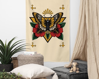 Butterfly American Traditional Tattoo Vintage Wall Tapestry, Retro Tattoo Flash Old School Witchy Home Decor, Poppy Floral Flag