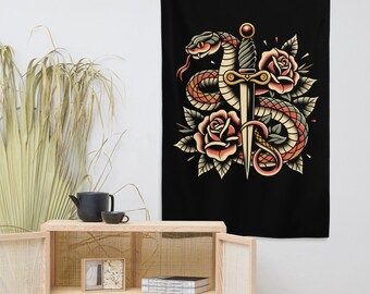Snake and Dagger Traditional Tattoo Decor Flash Roses Wall Tapestry, Retro Rock and Roll Emo Aesthetic Wall Hanging Art, Vintage Home Decor