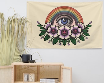 Eye of Empathy Vintage Wall Tapestry, American Traditional Flash One Eye Rainbow Retro Tattoo Old School Home Decor, Granola Girl Gift