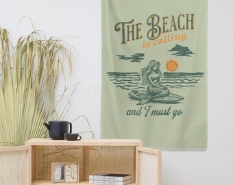 The Beach Is Calling And I Must Go Retro Mermaid Wall Tapestry, Coastal Mermaid Beach Hanging Wall Art, Granola Girl Aesthetic