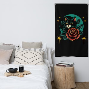 Black Cat American Traditional Tattoo Flash Rose and Black Cat Wall Art Hanging Tapestry