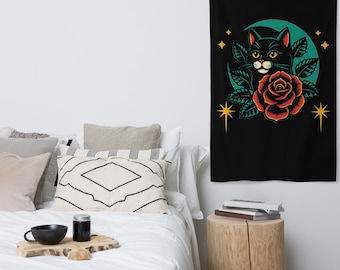 Black Cat American Traditional Tattoo Flash Rose and Black Cat Wall Art Hanging Tapestry