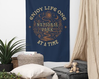 Enjoy Life One National Park At A Time Earth Tone Boho Printed Wall Tapestry, Granola Girl Aesthetic Outdoor Lover Hanging Wall Art