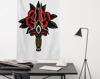 Traditional Tattoo Decor Sword Curse Dagger Roses Wall Tapestry, Retro Rock and Roll Emo Aesthetic Wall Hanging Art, Vintage Home Decor