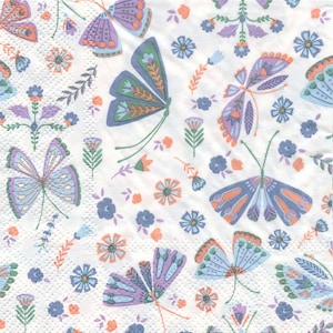Spring/Floral Napkins; TWO 5&quot;x5&quot; Cocktail Napkins; Butterfly; Printed Paper Napkins; Decoupage; Junk Journaling; Collage; Mixed Media Art