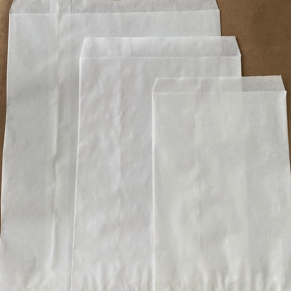 White Paper Bags; 5"x7", 6"x9", 8-1/2"x11"; Flat Bags; Merchandise Bags