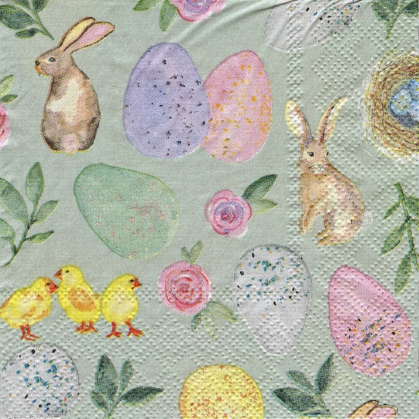 Easter Napkins; TWO 5"x5" Cocktail Napkins; Rabbits/Chicks/Eggs; Printed Paper Napkins; Decoupage; Junk Journaling; Collage; Mixed Media Art