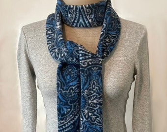 Skinny Scarf--Extra Long and Stylish Fleece with Blue Tribal Floral Design--Warm and Cozy