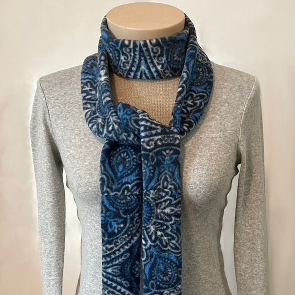 Skinny Scarf--Extra Long and Stylish Fleece with Blue Tribal Floral Design--Warm and Cozy