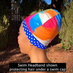 Swim headband shown protecting the delicate hairline from the pull, strain, damage, and discomfort caused by the harsh edges of a silicone swim cap.