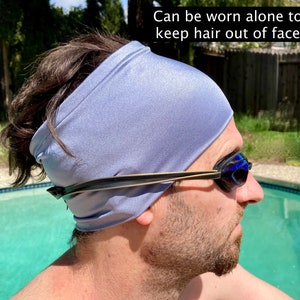 Swim headbands can be worn alone to keep hair out of face while swimming or doing water activities.