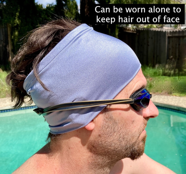 Swim headbands can be worn alone to keep hair out of face while swimming or doing water activities.