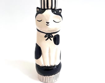 Calm Cat Candlestick black and white ceramic candle holder