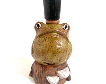 Frog on a log ceramic handmade candlestick