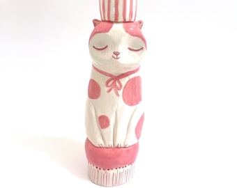 Calm Cat Candlestick pink and white ceramic candle holder