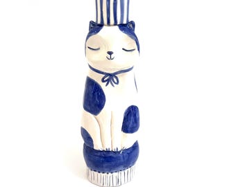 Calm Cat Candlestick blue and white ceramic candle holder